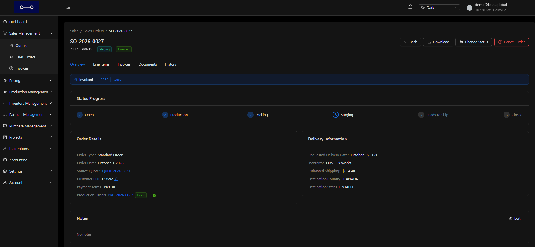 Kazu sales order with a status tracker, linked invoice, order details and delivery information.